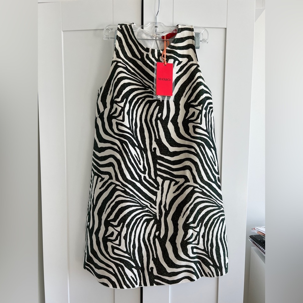 New Max & Co. Green and White Zebra Print Mini Dress, metallic, size L